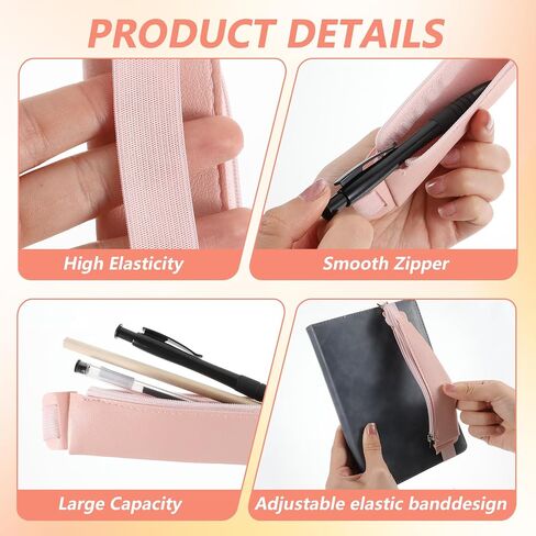 Elastic Pen Holder for Notebook, 2 Pcs Notebook Pen Holder Adjustable Pen Sleeve Pouch, PU Leather Pencil Case with Adjustable Band Pencil Holder Case for Women Bible Planners Book Binder (Pink, Grey) in Saudi Arabia