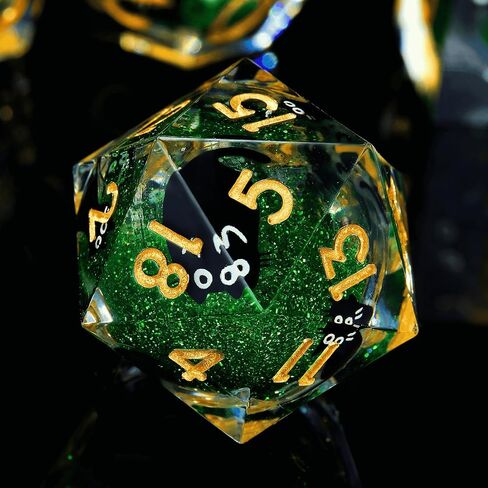 Single 20 Sided dice, Liquid Core d20-22mm, Cat DND Dice Set for Dungeons and Dragons, Role-Playing Games - Unique Design with Cute Black Cat (Green) in Saudi Arabia