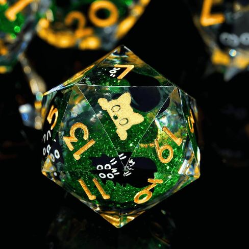 Single 20 Sided dice, Liquid Core d20-22mm, Cat DND Dice Set for Dungeons and Dragons, Role-Playing Games - Unique Design with Cute Black Cat (Green) in Saudi Arabia