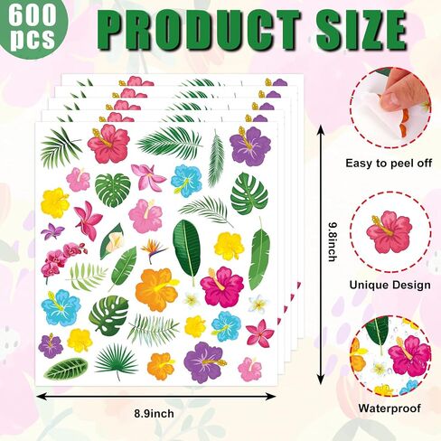 600Pcs Summer Hawaiian Flowers Stickers Tropical Floral Hibiscus Palm Leaves Paper Decals Colorful Luau Party Assorted Floral Sticker for Envelope Sealing Card Rewards Party Decor in Saudi Arabia