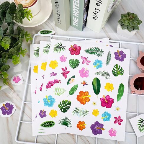 600Pcs Summer Hawaiian Flowers Stickers Tropical Floral Hibiscus Palm Leaves Paper Decals Colorful Luau Party Assorted Floral Sticker for Envelope Sealing Card Rewards Party Decor in Saudi Arabia