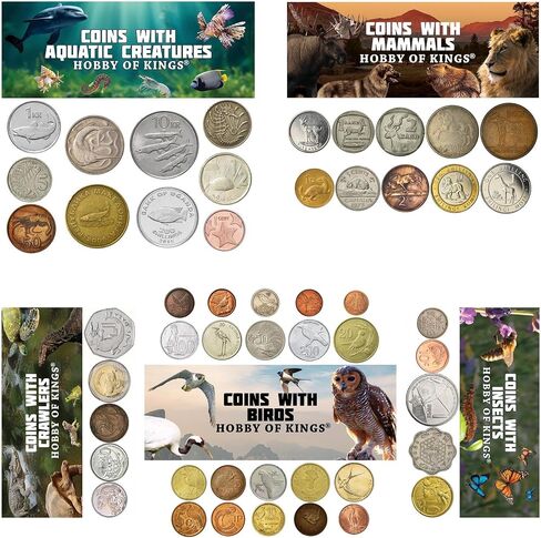 Animal Fantasy Coins Collection - 100 Different Novelty Tokens - European, Asian, American, and African Wildlife - Birds, Mammals, Marine Animals in Kuwait