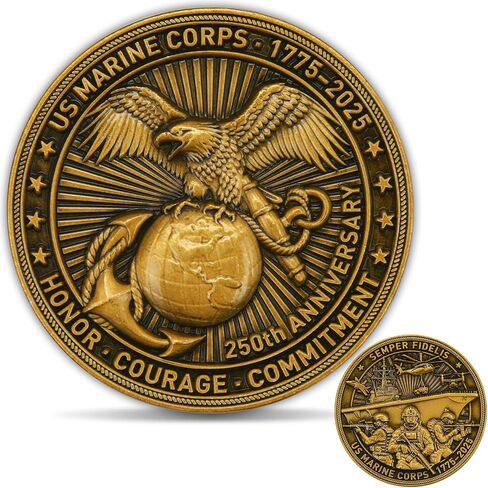 USMC 250th Anniversary Military Challenge Coin – Double-Sided 1.57" Zinc Alloy Coin with Raised Marine Corps Design, Eagle Globe & Anchor Emblem – Includes Clear Protective Case (Single Coin) in Kuwait