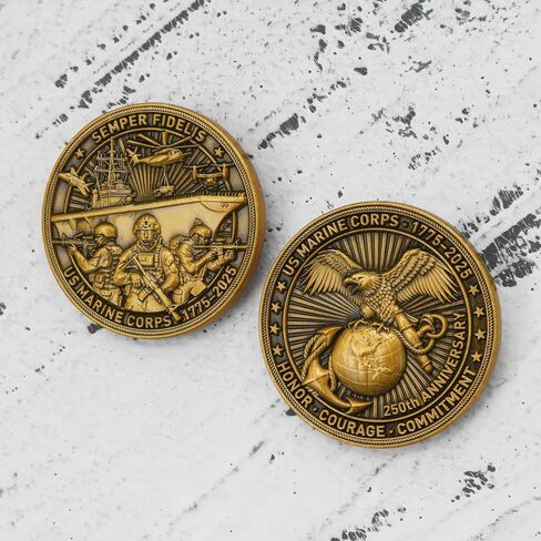 USMC 250th Anniversary Military Challenge Coin – Double-Sided 1.57" Zinc Alloy Coin with Raised Marine Corps Design, Eagle Globe & Anchor Emblem – Includes Clear Protective Case (Single Coin) in Kuwait