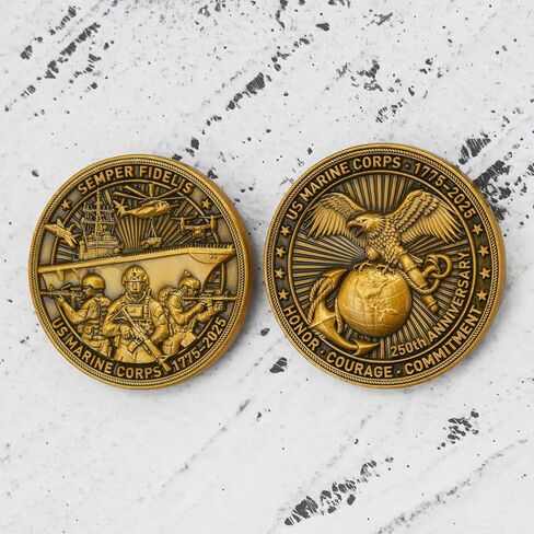USMC 250th Anniversary Military Challenge Coin – Double-Sided 1.57" Zinc Alloy Coin with Raised Marine Corps Design, Eagle Globe & Anchor Emblem – Includes Clear Protective Case (Single Coin) in Kuwait
