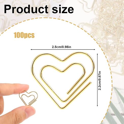 100pcs Gold Heart Paper Clips, Cute Love Shaped Decorative Metal Binder Paperclips for Office School Notes Documents Wedding Decor Crafts & Stationery (Large) in Saudi Arabia