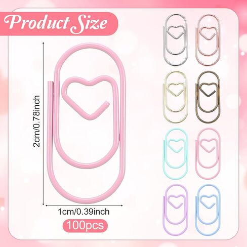 100 Pcs Paper Clips, Small Heart Paper Clips, Decorative Binder Clip Mini Metal Heart Paperclips Colorful Hearts Paperclip Bookmark Clamp for Women Home Office School Desk Document Organizing in Kuwait