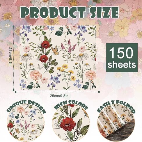 150 PCS Wildflower Garden Floral Wax Paper Leaves for Food Deli ، 9.8 × 8.3 بوصة ورق التغليف للزهرة البرية in Saudi Arabia