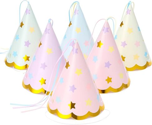 24 Pcs Pastel Party Hats Paper Cone Birthday Hats with Hot Stamping Pentagram and Ribbon Mini Party Headwear for Birthday, Baby Shower, Bridal Shower Decorations in Saudi Arabia