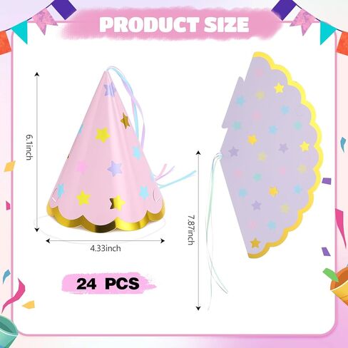 24 Pcs Pastel Party Hats Paper Cone Birthday Hats with Hot Stamping Pentagram and Ribbon Mini Party Headwear for Birthday, Baby Shower, Bridal Shower Decorations in Saudi Arabia