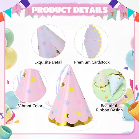 24 Pcs Pastel Party Hats Paper Cone Birthday Hats with Hot Stamping Pentagram and Ribbon Mini Party Headwear for Birthday, Baby Shower, Bridal Shower Decorations in Saudi Arabia