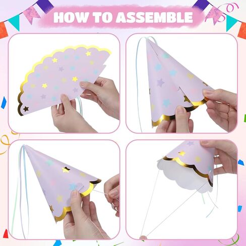 24 Pcs Pastel Party Hats Paper Cone Birthday Hats with Hot Stamping Pentagram and Ribbon Mini Party Headwear for Birthday, Baby Shower, Bridal Shower Decorations in Saudi Arabia