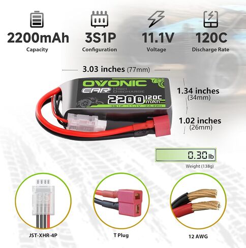 بطارية Ovonic 3S Lipo Short 11.1v 2200mah 120c مع قابس T على طراز Dean لـ RC Car RC Truck Airplane Poit Car Car Hobby [2 حزم] [77 "D X 34" W × 26 "H MM] in Saudi Arabia