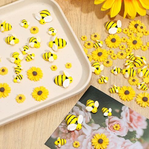TIESOME 80 Pieces Tiny Resin Bees Daisy Flowers, 3 Sizes Resin Bees Daisy Decor Flatback Daisy Flowers Bumble Bees Embellishment for DIY Craft Scrapbooking Phone Case Wreath in Kuwait