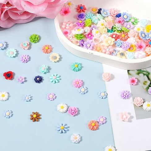 100PCS Mini Resin Charms Flowers for Craft Cabochons Flatback Flower Beads Charms Mixed Colors Embellishment Tiny Flowers for Jewelry Making DIY Cardmaking Scrapbooking Decor Phone Hair Accessories in Saudi Arabia