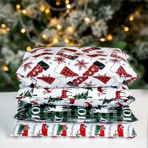 Ruspepa 80 PCS Christmas Poly Mailer Set ، أكياس شحن احتفالية ، قصب حلوى ، جاموس منقوش ، شجرة عيد الميلاد ومراسلي ماء ، عبوة مقاومة للدموع ذاتية الختم ، 10 × 13 بوصة in Saudi Arabia