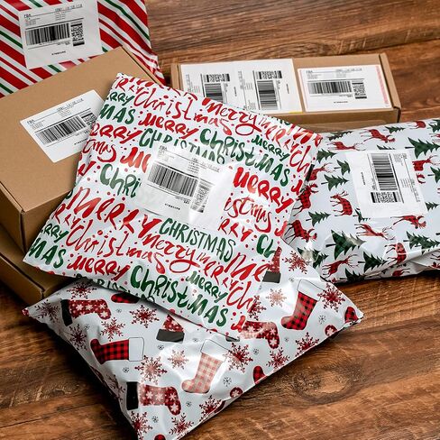 Ruspepa 80 PCS Christmas Poly Mailer Set ، أكياس شحن احتفالية ، قصب حلوى ، جاموس منقوش ، شجرة عيد الميلاد ومراسلي ماء ، عبوة مقاومة للدموع ذاتية الختم ، 10 × 13 بوصة in Saudi Arabia