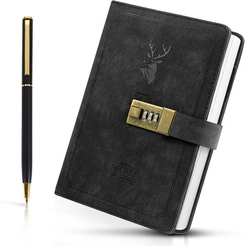 Korndoz 240 pages A5 Pu Leather Journal مع قفل مزيج ، مذكرات قفل رجعية للخصوصية ، دفتر مغلق غلاف للكتابة والأسرار ، هدية للبالغين ، المراهقين ، الفتيات ، الأولاد - الأسود in Saudi Arabia