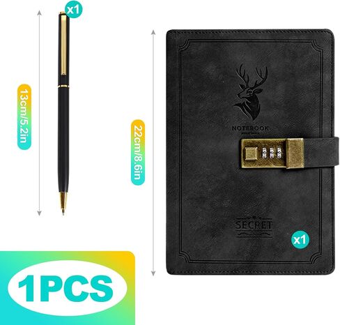 Korndoz 240 pages A5 Pu Leather Journal مع قفل مزيج ، مذكرات قفل رجعية للخصوصية ، دفتر مغلق غلاف للكتابة والأسرار ، هدية للبالغين ، المراهقين ، الفتيات ، الأولاد - الأسود in Saudi Arabia