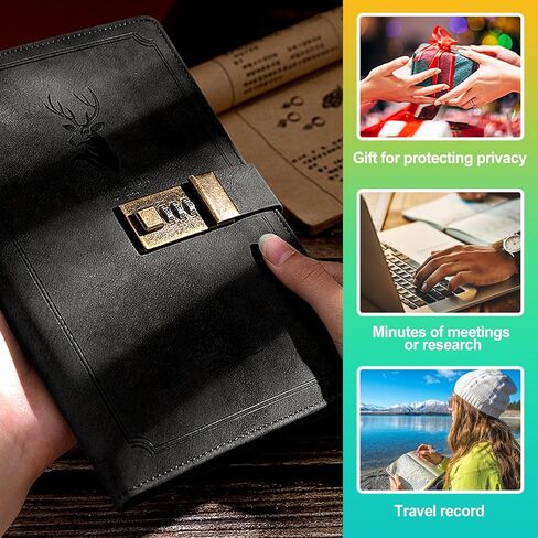 Korndoz 240 pages A5 Pu Leather Journal مع قفل مزيج ، مذكرات قفل رجعية للخصوصية ، دفتر مغلق غلاف للكتابة والأسرار ، هدية للبالغين ، المراهقين ، الفتيات ، الأولاد - الأسود in Saudi Arabia