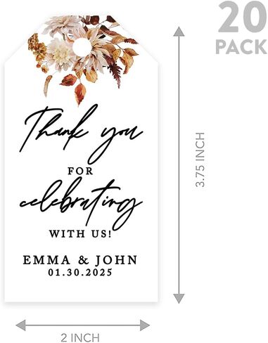 Andaz Press Classic 20 Pack Personalized شكرًا لك على الاحتفال مع علامات زفافنا مع Bakers Twine ، Fall Greenery Cardstock Hights Tags for Wedding Party Favors ، 2 "X 3.75" in Saudi Arabia