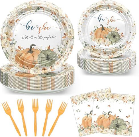 Avezano 96 pcs Pumpkin Gender Reveal Decorations Fall Geveal Plates and Cups and Napkins Sets Boy or Girl What Will Our Little Pumpkin Be Disposable Tableware Serves 24 in Saudi Arabia
