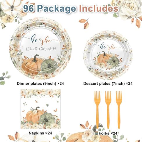 Avezano 96 pcs Pumpkin Gender Reveal Decorations Fall Geveal Plates and Cups and Napkins Sets Boy or Girl What Will Our Little Pumpkin Be Disposable Tableware Serves 24 in Saudi Arabia