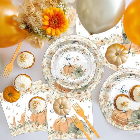 Avezano 96 pcs Pumpkin Gender Reveal Decorations Fall Geveal Plates and Cups and Napkins Sets Boy or Girl What Will Our Little Pumpkin Be Disposable Tableware Serves 24 in Saudi Arabia