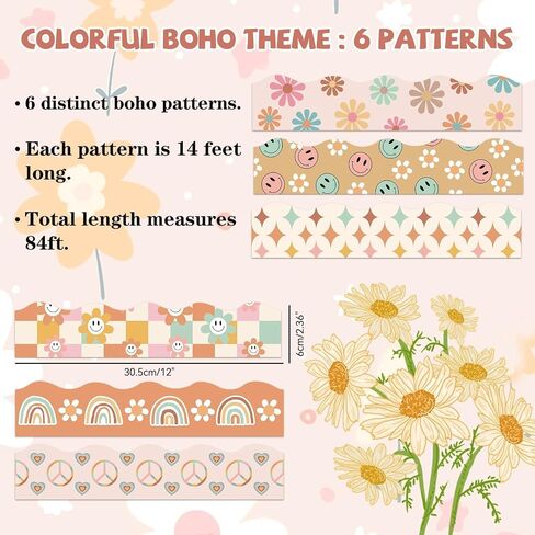 Boho Bulletin Board Borders Retro Classroom Decorations ، 84ft Groovy Bulletin Border Daisy Floral Rainbow Decor in Kuwait