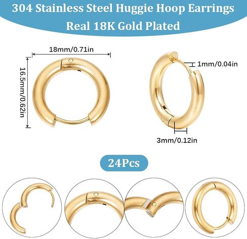 SUNNYCLUE 1 Box 24Pcs 12 Pairs Huggie Hoop Earring Findings Real 18K Gold Plated Stainless Steel Huggie Earrings Leverback Earring Hooks 18mm Round Huggie Earring Hooks for Jewelry Making Supplies in Saudi Arabia