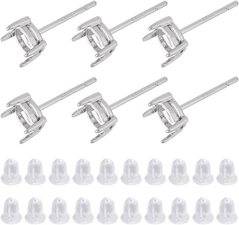 DICOSMETIC 925 Sterling Silver Earring Posts 3 Pairs Platinum Stud Earring Findings 6mm Round Prong Earring Setting with 20Pcs Plastic Ear Nuts for Gemstone Stud Earrings Making in Saudi Arabia