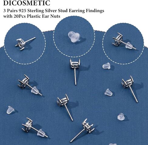 DICOSMETIC 925 Sterling Silver Earring Posts 3 Pairs Platinum Stud Earring Findings 6mm Round Prong Earring Setting with 20Pcs Plastic Ear Nuts for Gemstone Stud Earrings Making in Saudi Arabia