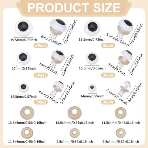 PH PandaHall 150 Sets Safety Eyes 6 Sizes Crochet Eyes White Stuffed Animal Eye Plastic Round Craft Eye with Washers for Amigurumi Puppet Teddy Bear Crochet Plush Animals, 14/14.5/16.5/17/18.5/19.5mm in Saudi Arabia