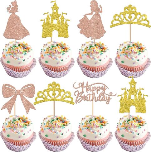 Rsstarxi 24 Pack Princess Happy Birthday Cupcake Toppers Glitter Bow Crown Castle Cupcake Picks for Princess Girl Baby Shower Happy Birthday Party Cake Decorations Supplies Rose Gold in Saudi Arabia
