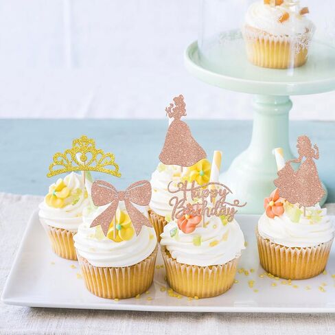 Rsstarxi 24 Pack Princess Happy Birthday Cupcake Toppers Glitter Bow Crown Castle Cupcake Picks for Princess Girl Baby Shower Happy Birthday Party Cake Decorations Supplies Rose Gold in Saudi Arabia