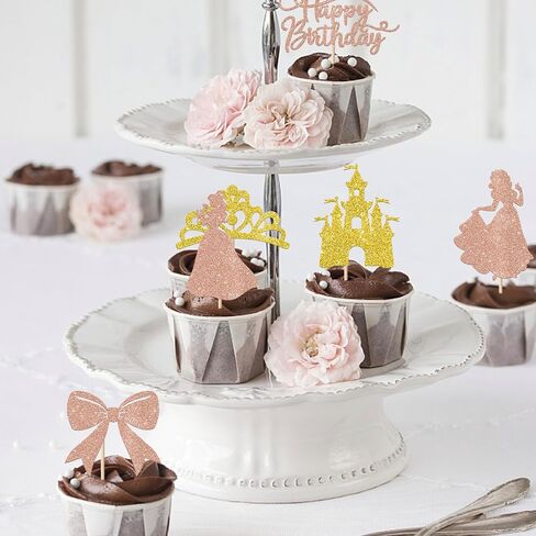 Rsstarxi 24 Pack Princess Happy Birthday Cupcake Toppers Glitter Bow Crown Castle Cupcake Picks for Princess Girl Baby Shower Happy Birthday Party Cake Decorations Supplies Rose Gold in Saudi Arabia