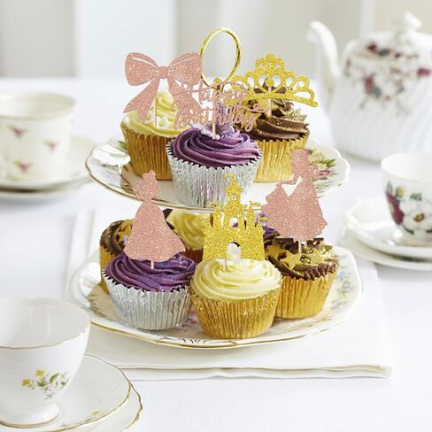 Rsstarxi 24 Pack Princess Happy Birthday Cupcake Toppers Glitter Bow Crown Castle Cupcake Picks for Princess Girl Baby Shower Happy Birthday Party Cake Decorations Supplies Rose Gold in Saudi Arabia