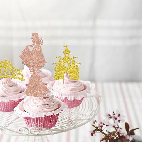 Rsstarxi 24 Pack Princess Happy Birthday Cupcake Toppers Glitter Bow Crown Castle Cupcake Picks for Princess Girl Baby Shower Happy Birthday Party Cake Decorations Supplies Rose Gold in Saudi Arabia