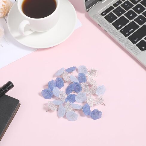 30PCS Flower Push Pins for Cork Board, Cute Rose Decorative Push Pin, Blue Thumb Tacks, Blue Floral Thumb Tacks, Cute Pushes Pins for Photo Wall, Feature Wall,Map, Bulletin Board, Office or Home in Saudi Arabia