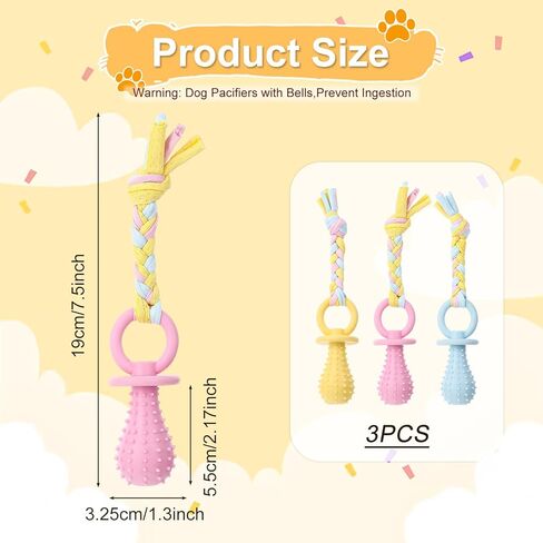 3Pcs Pet Molar Clean Teeth Rubber Toy, Dog Pacifier with Rope, Dog Chew Toys for Aggressive Chewers, Rubber Puppy Pacifier Chewing Playing Training Toys for Small Dogs Cats, 3 Cute Colors in Kuwait