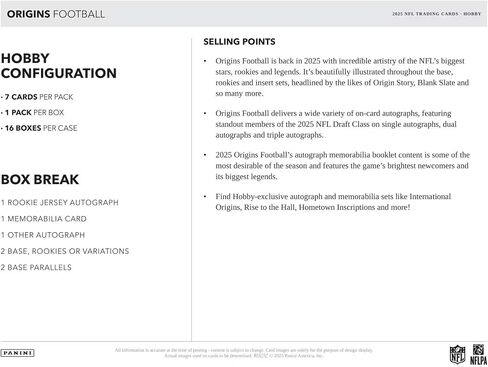 2025 Panini Origins Football Hobby Trading Card Box (1 Rookie Jersey Autograph في صندوق) in Saudi Arabia