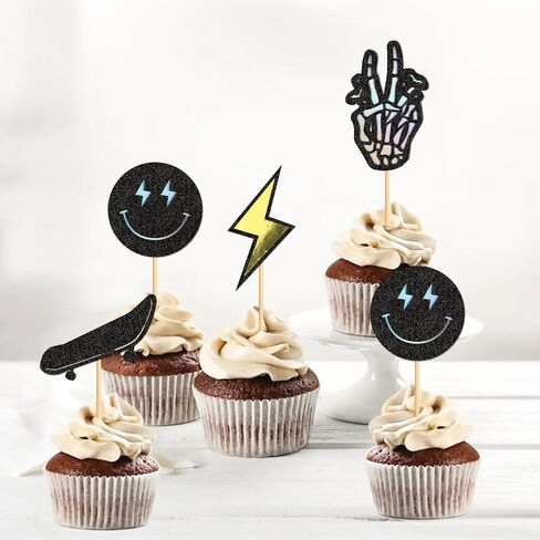 24Pcs Yellow Smiling Face and Lightning Cupcake One Happy Dude Cupcake Topper Baby Shower Gender Reveal Party Supplies in Kuwait