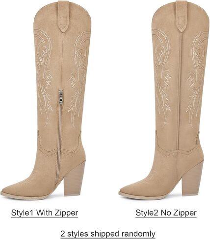 أحذية ISNOM النسائية الغربية حتى الركبة، أحذية رعاة البقر راعية البقر مطرزة بكعب مكتنز ومقدمة مدببة in Kuwait