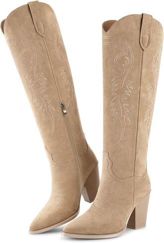 أحذية ISNOM النسائية الغربية حتى الركبة، أحذية رعاة البقر راعية البقر مطرزة بكعب مكتنز ومقدمة مدببة in Kuwait