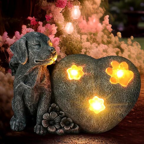 Capoda Solar Heart Dog Statue Garden Memorial Stone Gifts Pet Memorial Headstones Guardian Angel Garden Solar Light Decor with Paw Prints Outdoor Grave Markers for Loss of Dog Resin Statue Stones in Saudi Arabia