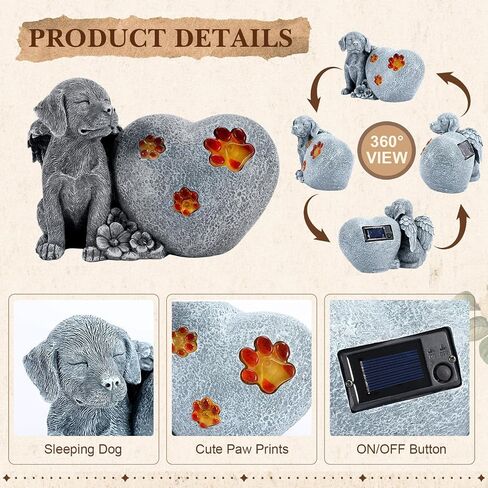 Capoda Solar Heart Dog Statue Garden Memorial Stone Gifts Pet Memorial Headstones Guardian Angel Garden Solar Light Decor with Paw Prints Outdoor Grave Markers for Loss of Dog Resin Statue Stones in Saudi Arabia