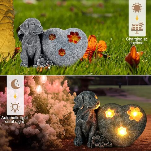 Capoda Solar Heart Dog Statue Garden Memorial Stone Gifts Pet Memorial Headstones Guardian Angel Garden Solar Light Decor with Paw Prints Outdoor Grave Markers for Loss of Dog Resin Statue Stones in Saudi Arabia