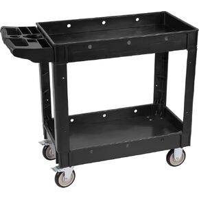 Service Utility Cart, 2-Shelf 550LBS Heavy Duty Plastic Rolling Tool Cart 2 Swivel Casters with Brakes, Ergonomic Storage Handle for Warehouse, Garage, Cleaning, Manufacturing - Black in Kuwait