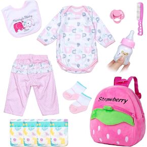Pedolltree 12 Pcs Set Reborn Dolls Newborn Baby Girl Clothes Pink Elephant Outfit Accessories for 17-22 Inch Reborn Baby Dolls with Strawberry Backpack&Feeding Set in Kuwait