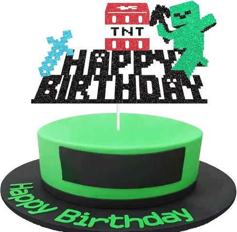 Happy Birthday Cake Topper - Glitter Pixel Miner Style Cake Picks Craft Decorations, Video Game Themed Cake Toppers for Kids Boy and Girl Birthday Party Supplies Decor in Kuwait